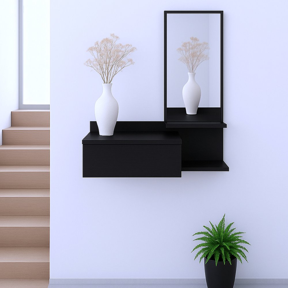 Black Wood Wall Mounted Accent Cabinet with Drawer and Mirror - 36-inch