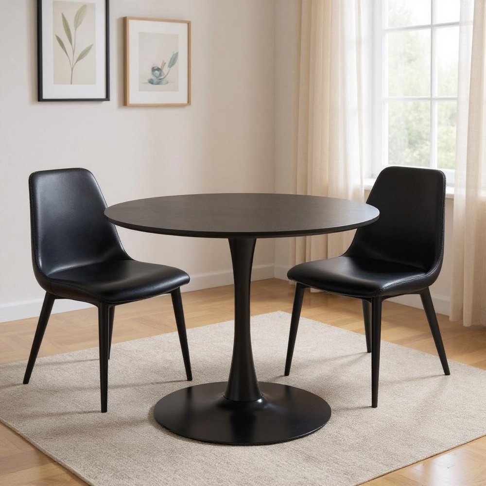 Black Wood and Steel Pedestal Base Round Top Dining Table - 36-inch