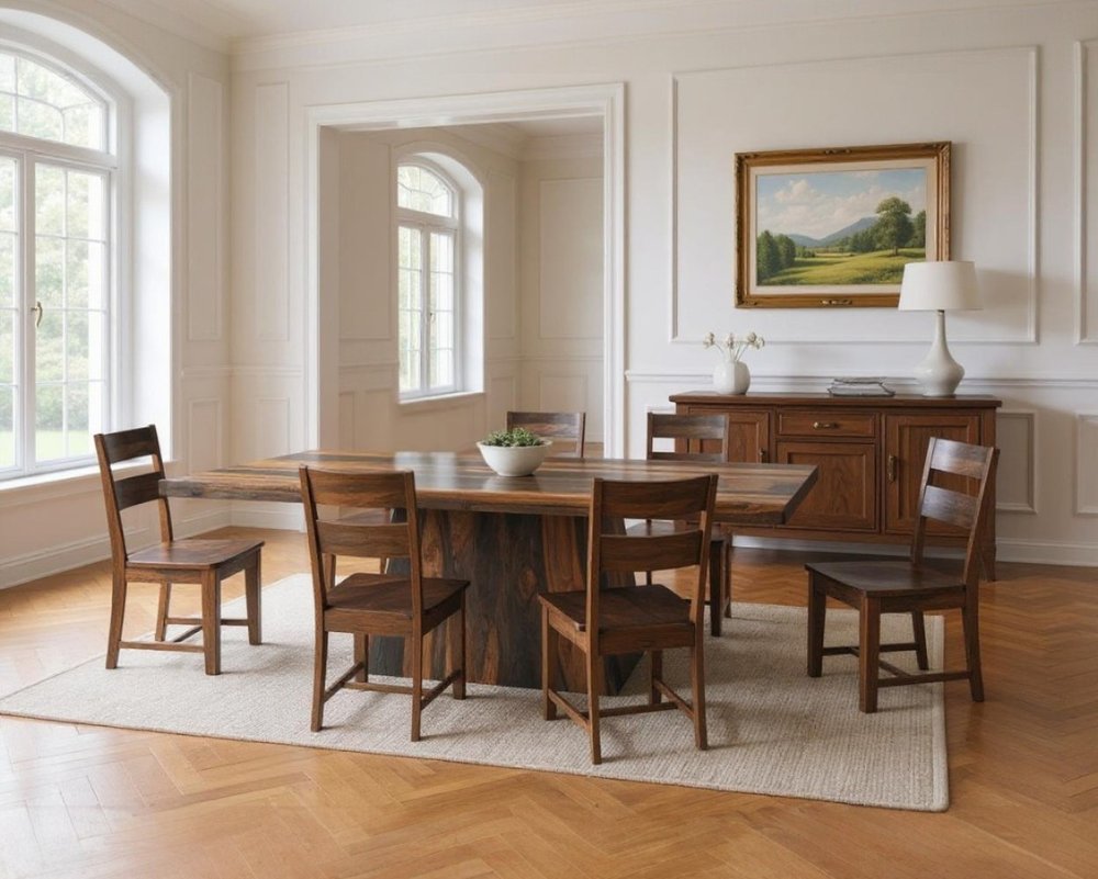 Seven Piece Dark Brown Solid Wood Dining Set with Six Chairs
