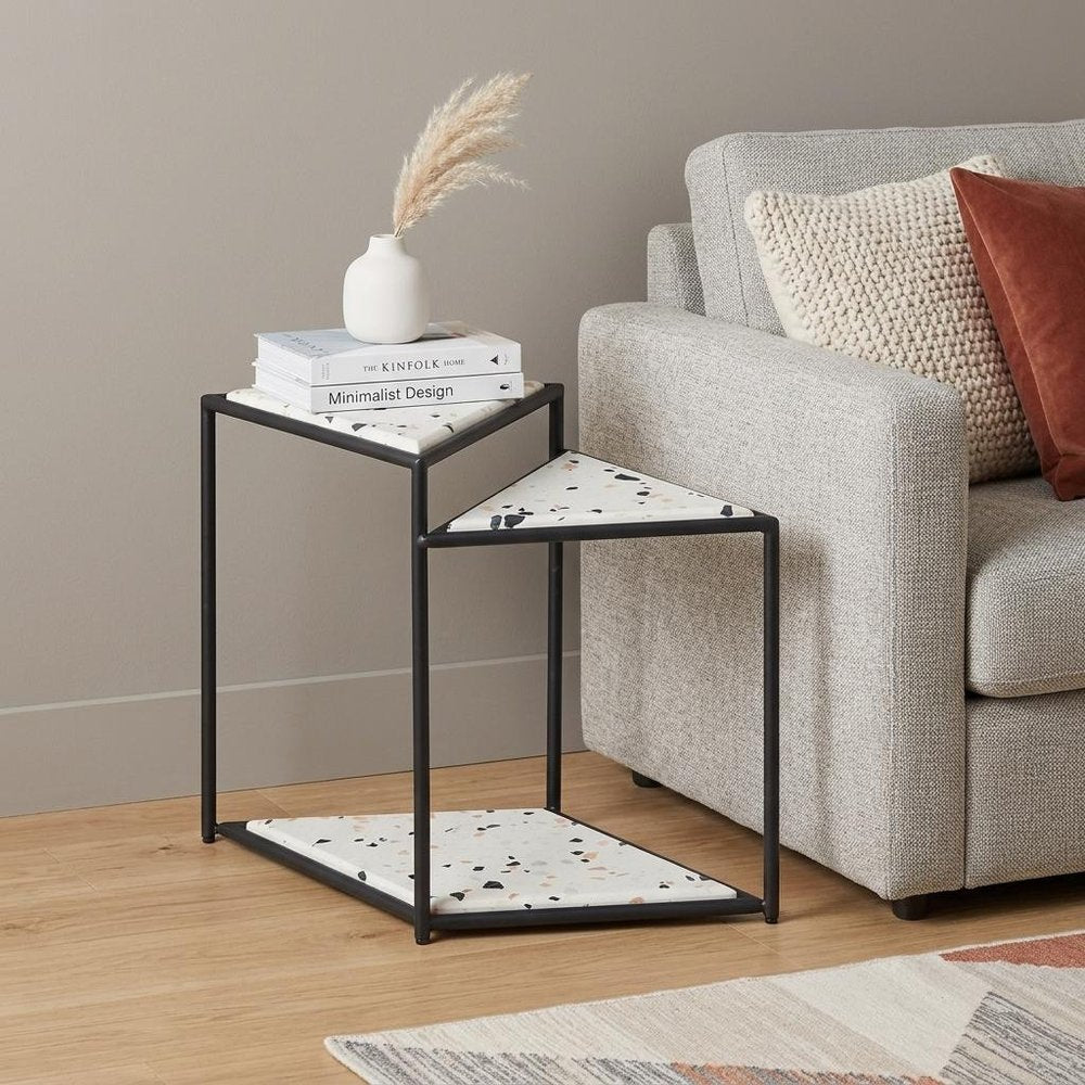 Black and White Wood and Steel Triangular Pedestal End Table - 20-inch