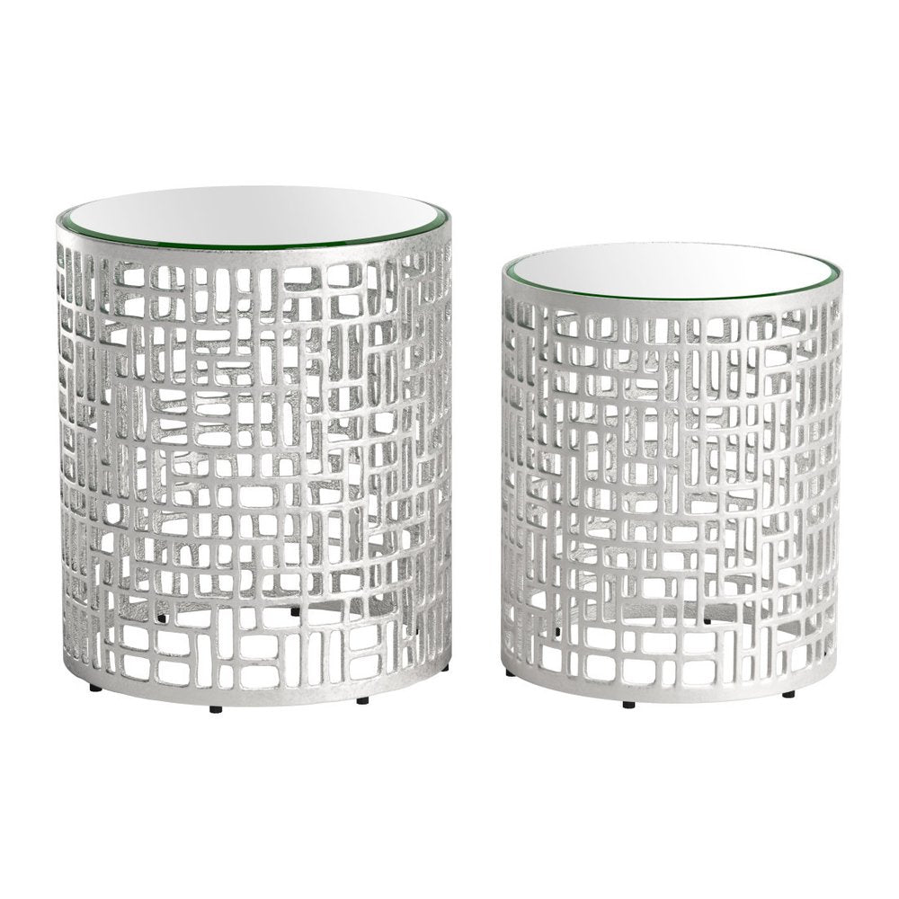 Set of Two Silver Mirrored Glass and Aluminum Round Drum End Tables