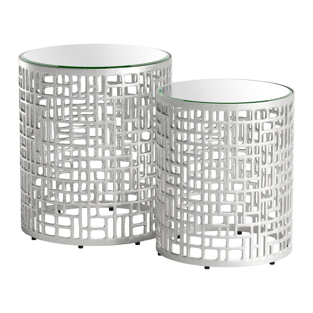 Set of Two Silver Mirrored Glass and Aluminum Round Drum End Tables