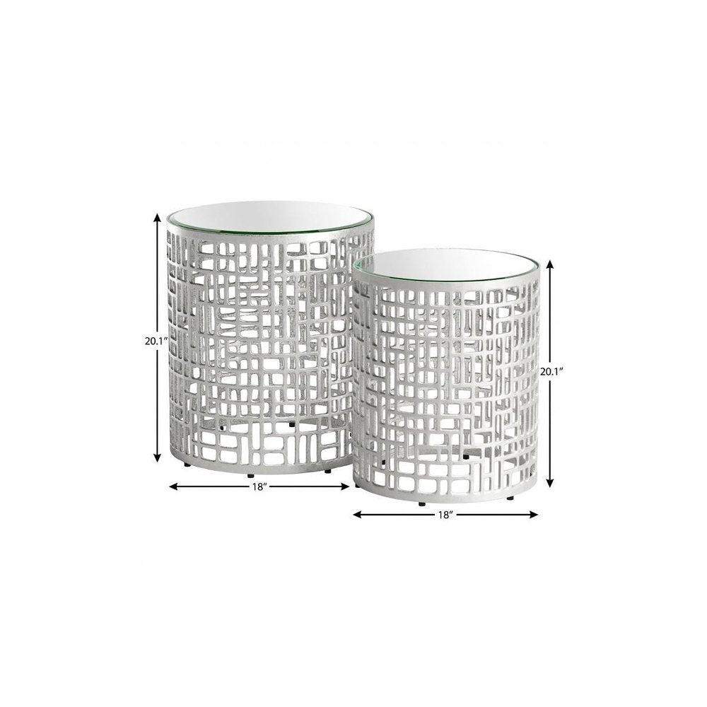 Set of Two Silver Mirrored Glass and Aluminum Round Drum End Tables