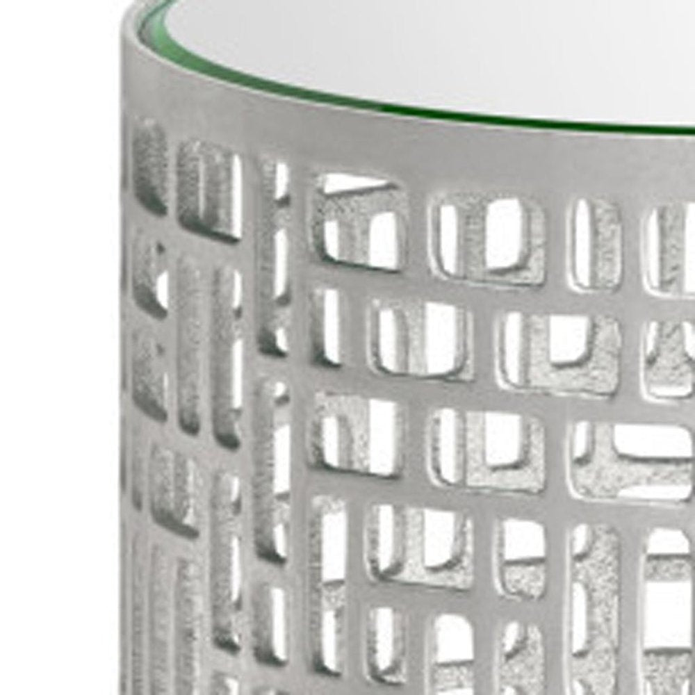 Set of Two Silver Mirrored Glass and Aluminum Round Drum End Tables