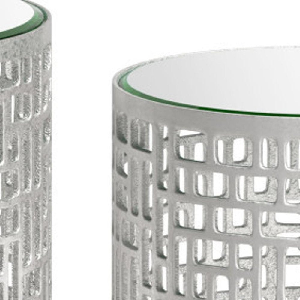 Set of Two Silver Mirrored Glass and Aluminum Round Drum End Tables