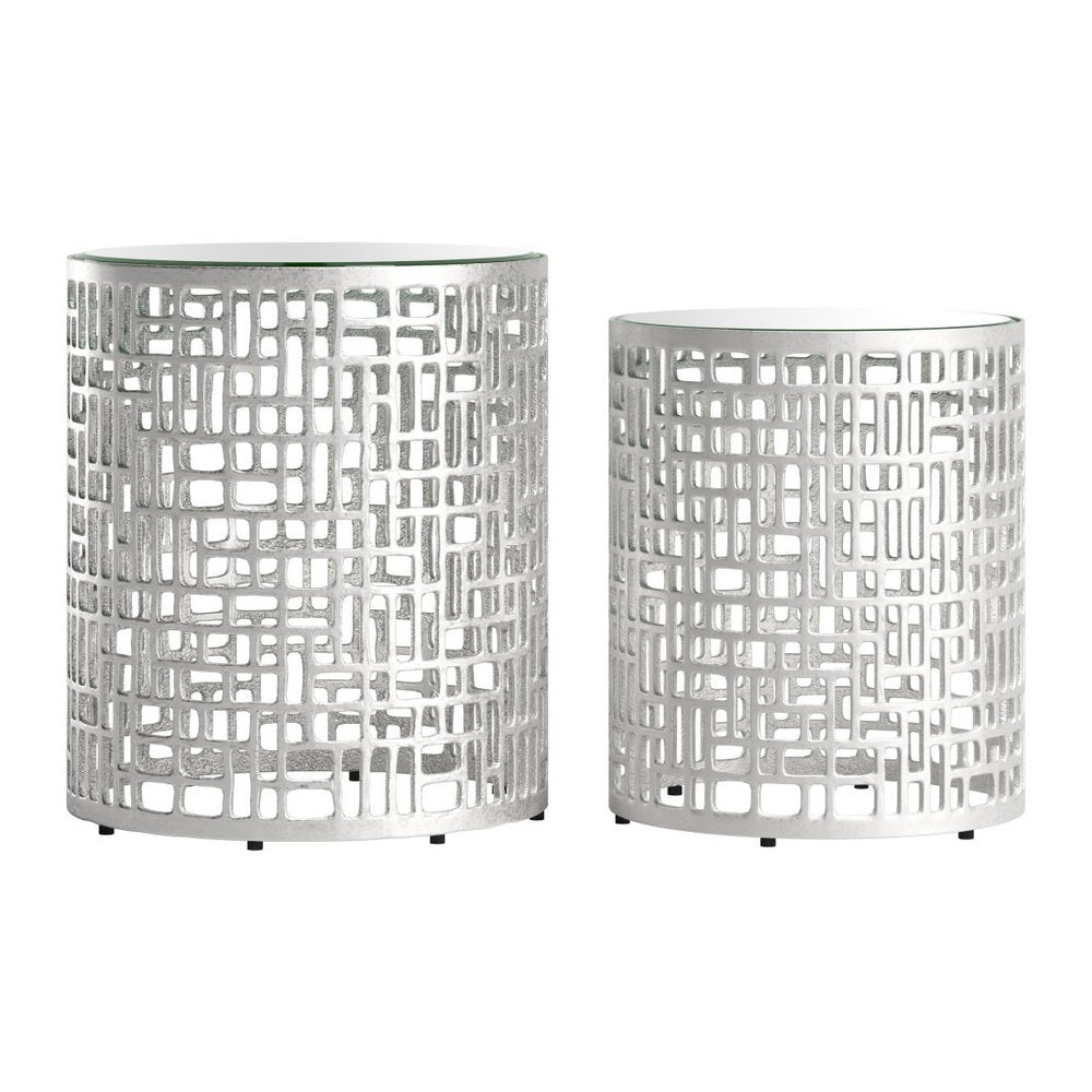 Set of Two Silver Mirrored Glass and Aluminum Round Drum End Tables