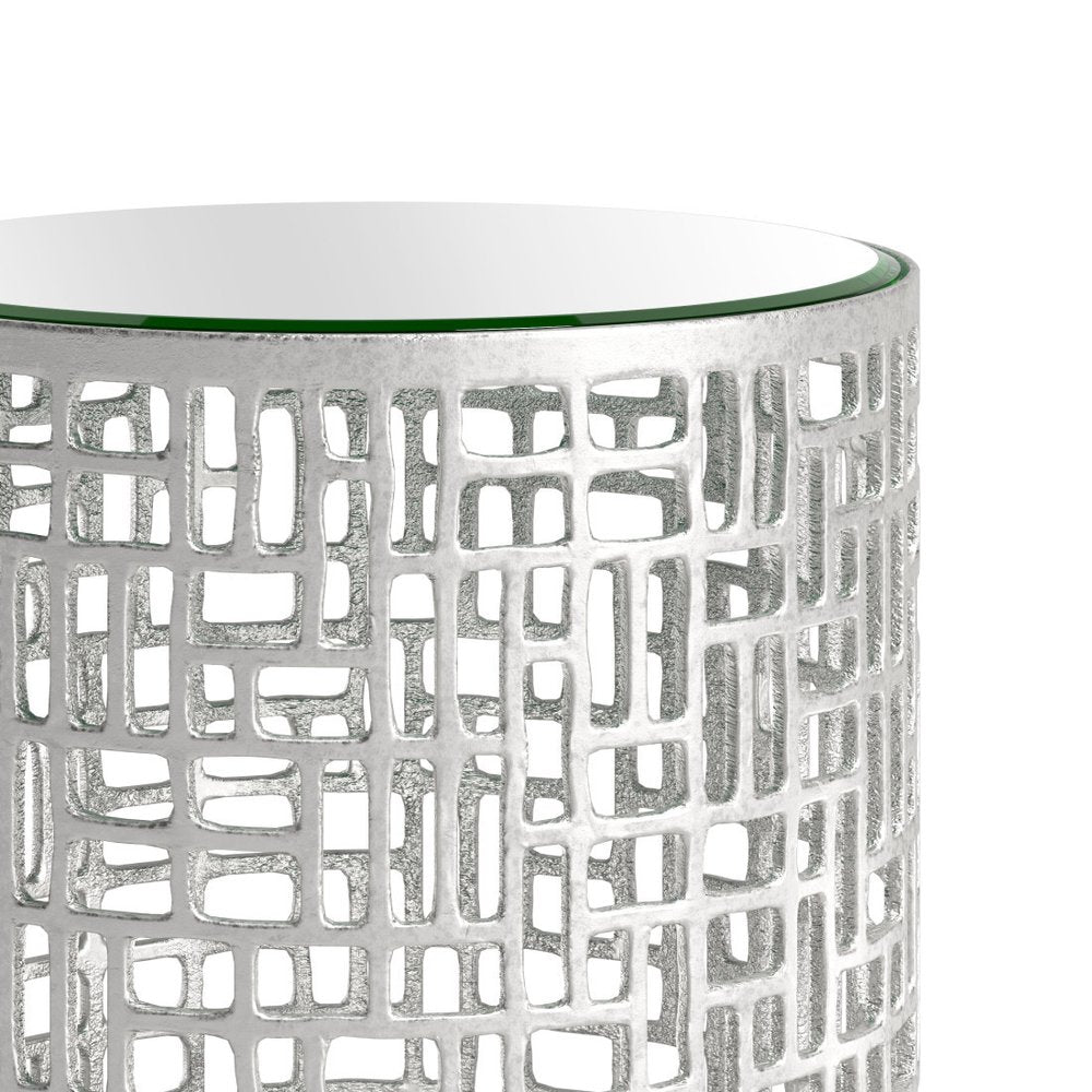 Set of Two Silver Mirrored Glass and Aluminum Round Drum End Tables