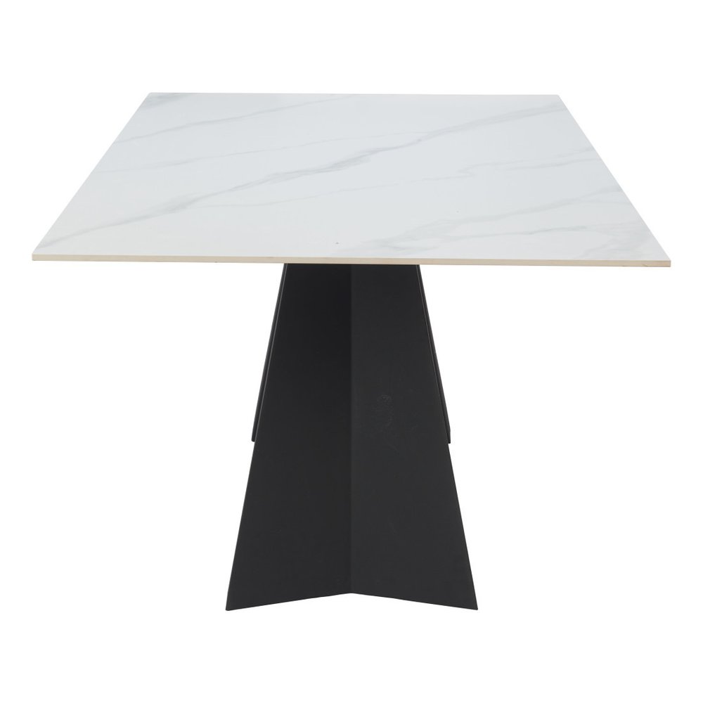 White and Black Sintered Stone and Steel Double Pedestal Base Dining Table