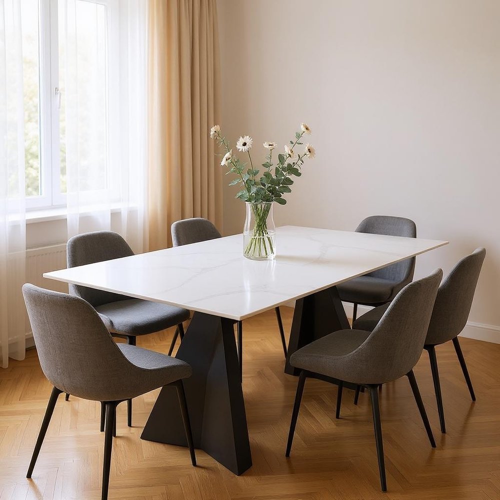 White and Black Sintered Stone and Steel Double Pedestal Base Dining Table