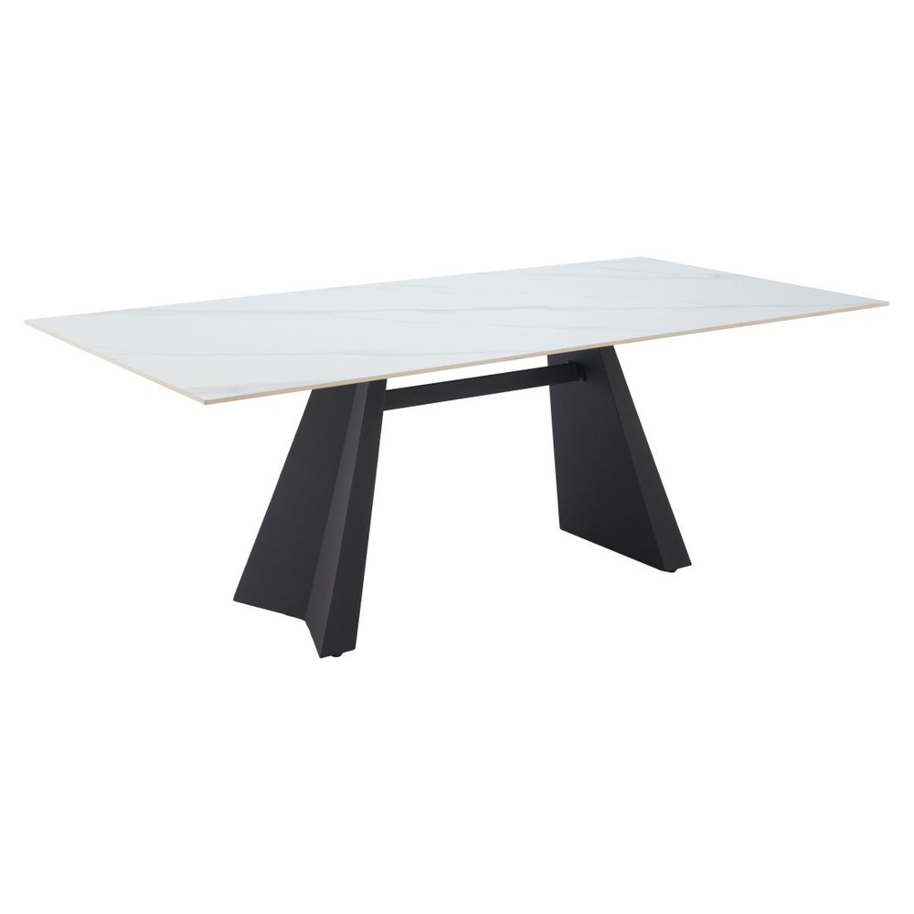 White and Black Sintered Stone and Steel Double Pedestal Base Dining Table