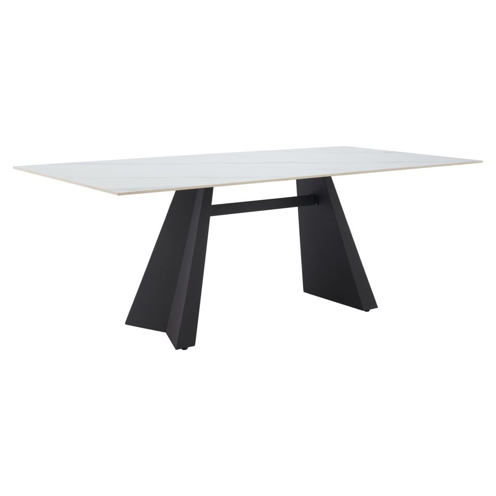 White and Black Sintered Stone and Steel Double Pedestal Base Dining Table