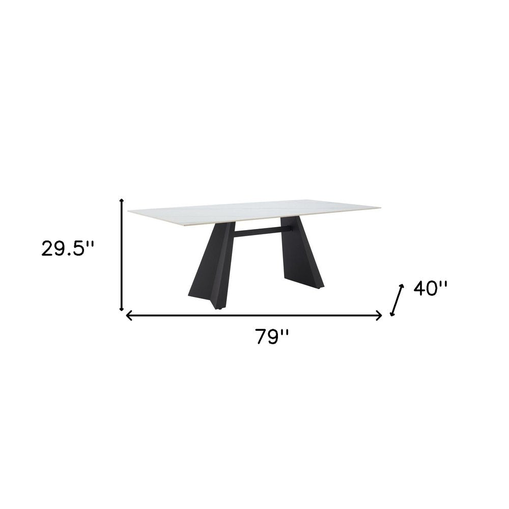 White and Black Sintered Stone and Steel Double Pedestal Base Dining Table