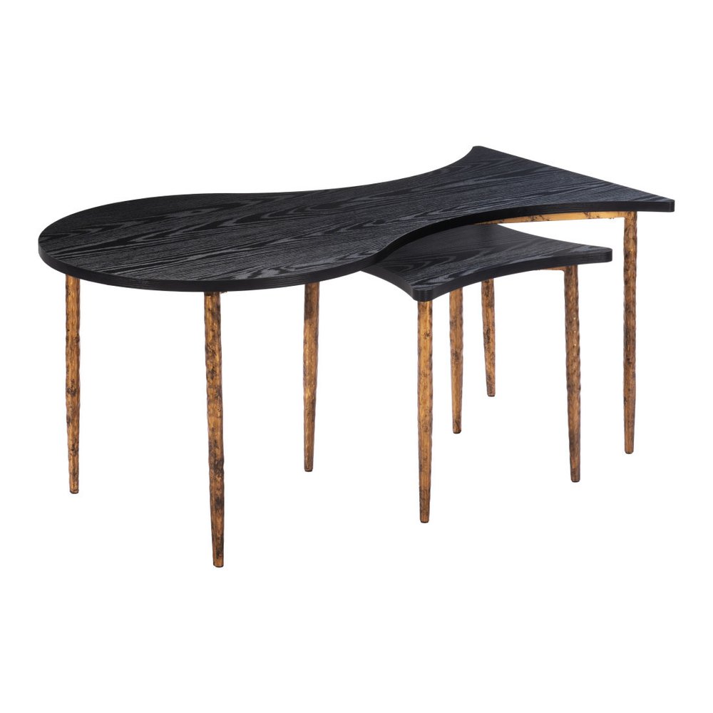 Set of Two Black and Bronze Wood and Steel Free Form Coffee and End Table