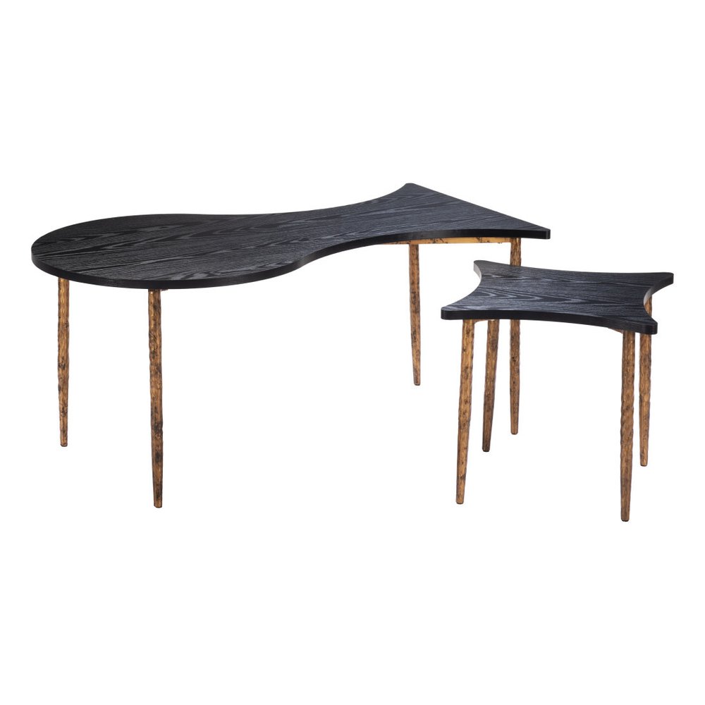 Set of Two Black and Bronze Wood and Steel Free Form Coffee and End Table