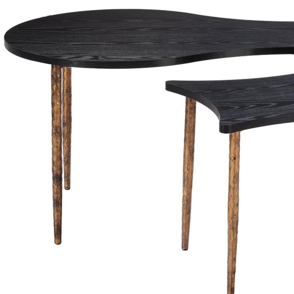 Set of Two Black and Bronze Wood and Steel Free Form Coffee and End Table