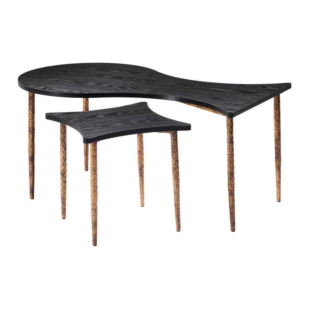 Set of Two Black and Bronze Wood and Steel Free Form Coffee and End Table