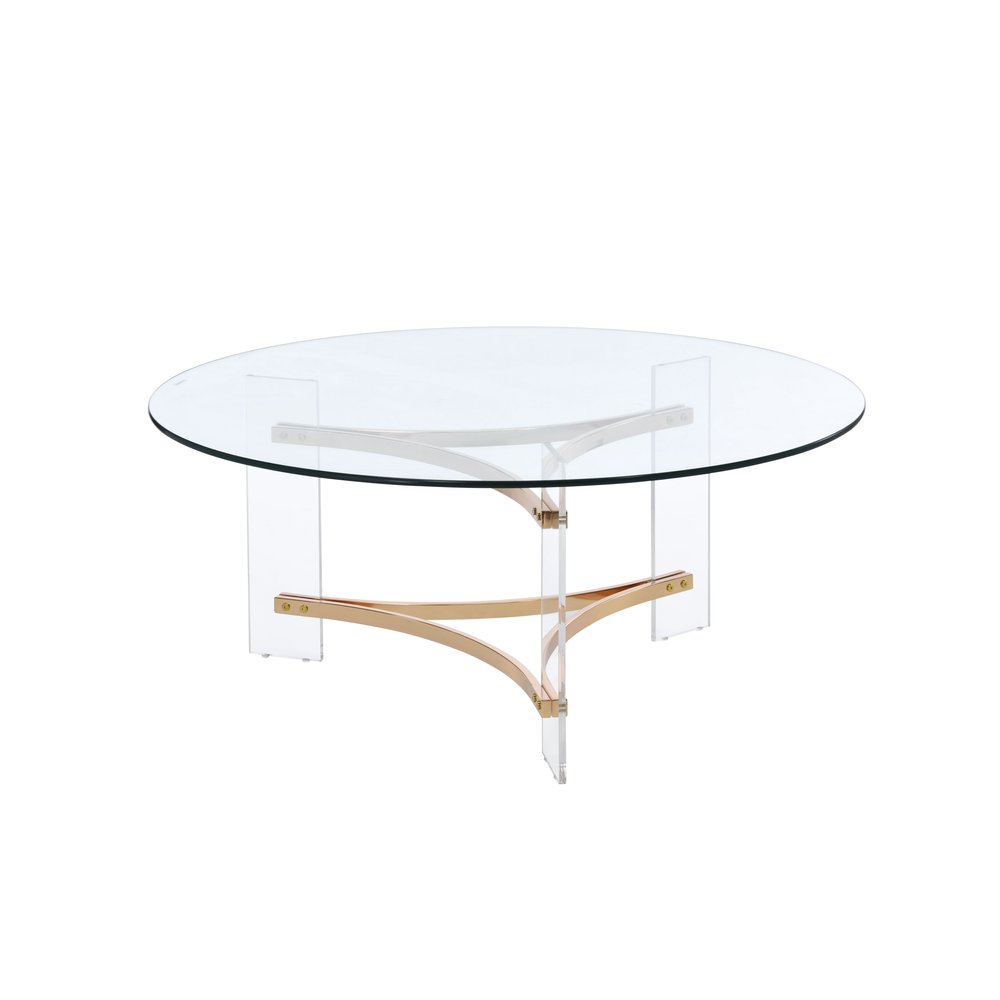 Clear and Gold Glass Acrylic and Brass Round Coffee Table - 41-inch