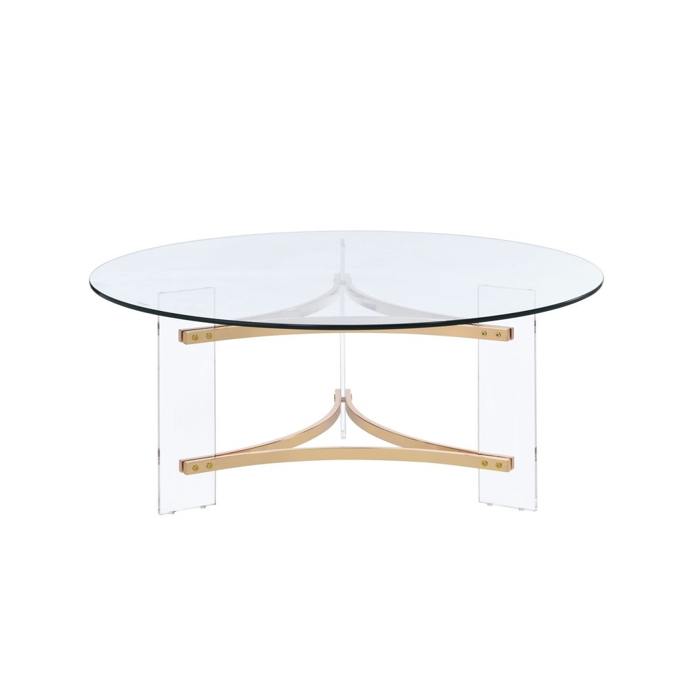Clear and Gold Glass Acrylic and Brass Round Coffee Table - 41-inch
