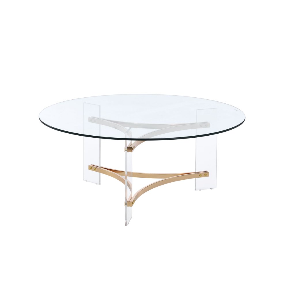 Clear and Gold Glass Acrylic and Brass Round Coffee Table - 41-inch