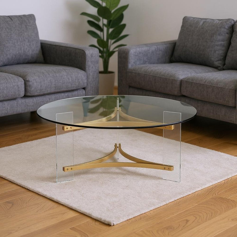 Clear and Gold Glass Acrylic and Brass Round Coffee Table - 41-inch
