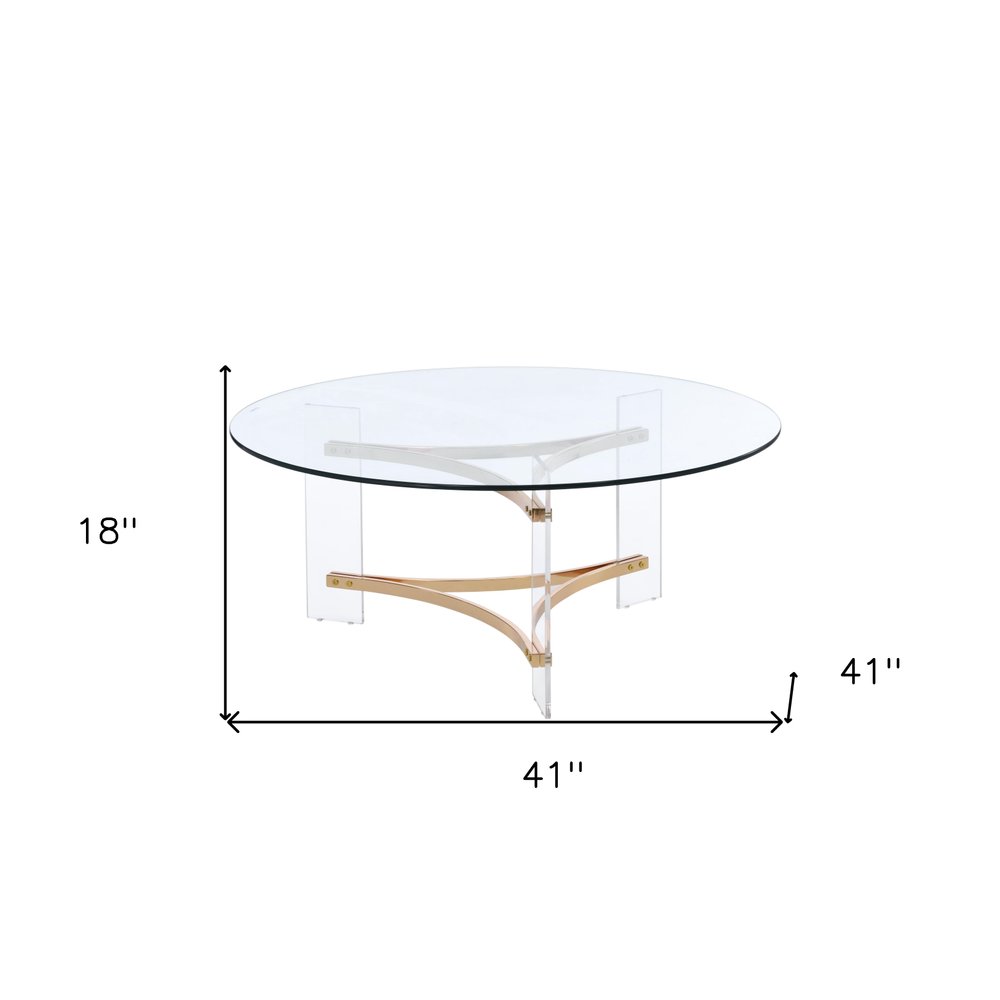 Clear and Gold Glass Acrylic and Brass Round Coffee Table - 41-inch