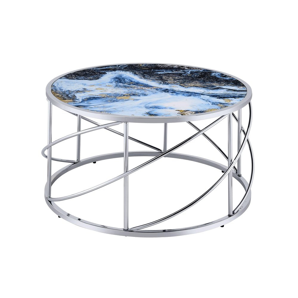 Blue and Silver Wood and Iron Faux Marble Geometric Frame Round Coffee Table