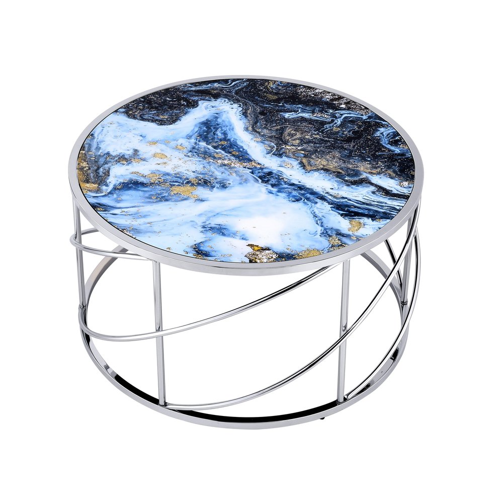 Blue and Silver Wood and Iron Faux Marble Geometric Frame Round Coffee Table