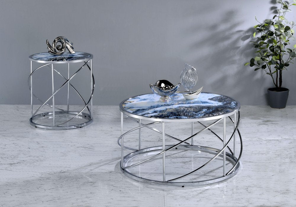Blue and Silver Wood and Iron Faux Marble Geometric Frame Round Coffee Table