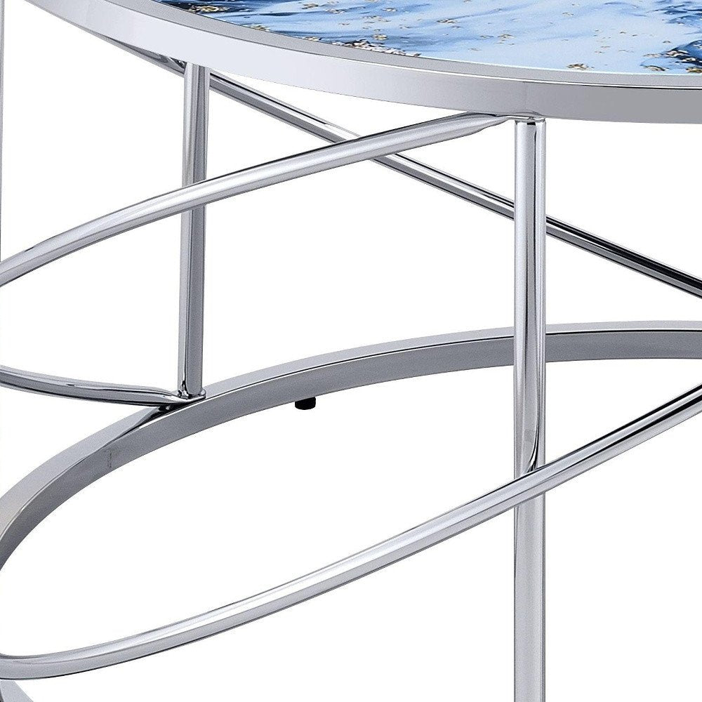 Blue and Silver Wood and Iron Faux Marble Geometric Frame Round Coffee Table