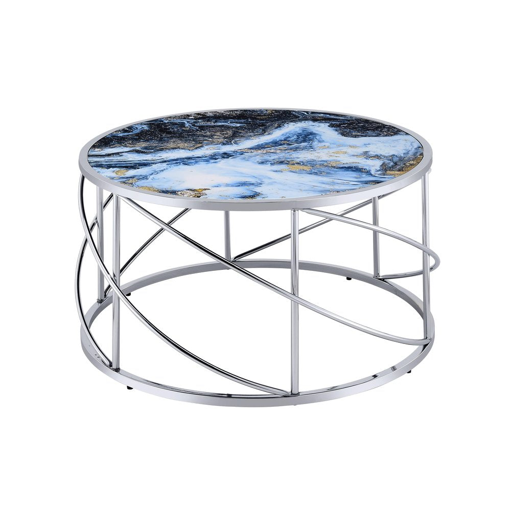Blue and Silver Wood and Iron Faux Marble Geometric Frame Round Coffee Table