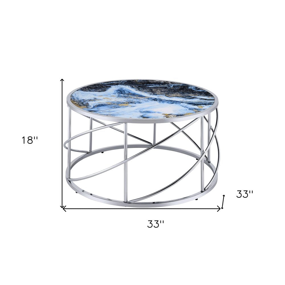 Blue and Silver Wood and Iron Faux Marble Geometric Frame Round Coffee Table