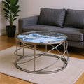 Blue and Silver Wood and Iron Faux Marble Geometric Frame Round Coffee Table