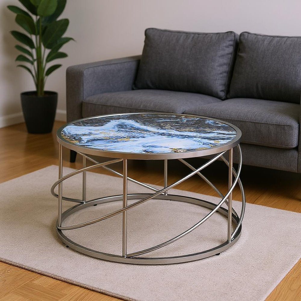 Blue and Silver Wood and Iron Faux Marble Geometric Frame Round Coffee Table