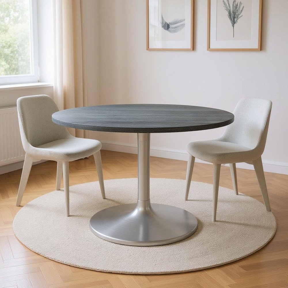 Gray and Silver Marble and Aluminum Pedestal Base Round Top Dining Table
