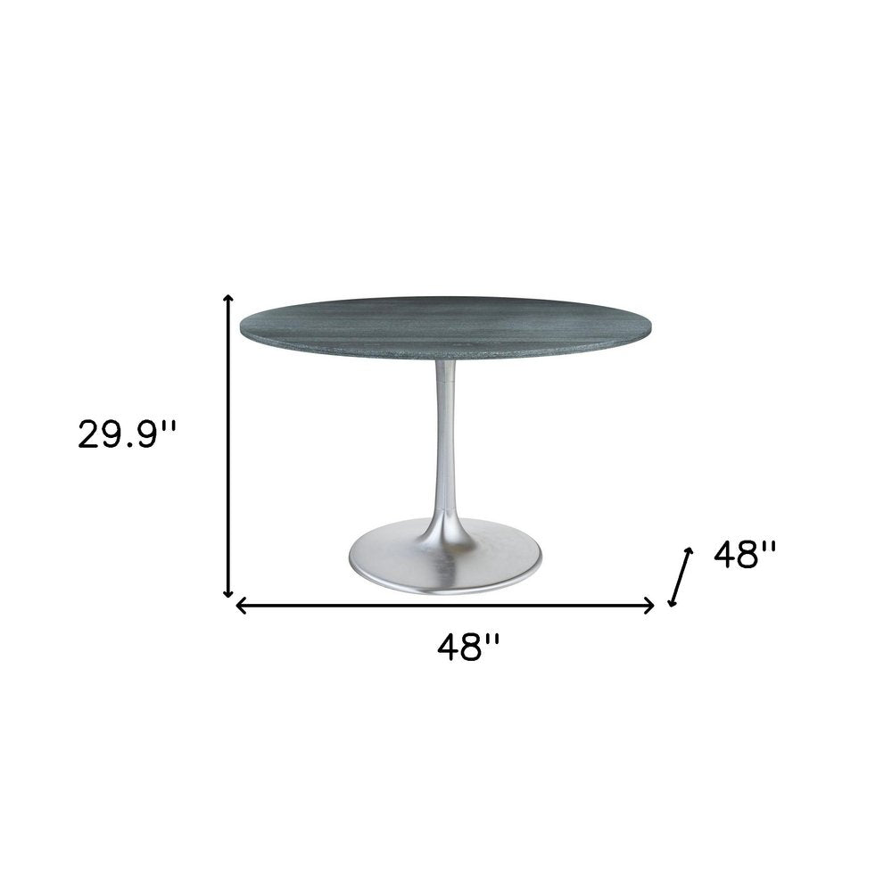 Gray and Silver Marble and Aluminum Pedestal Base Round Top Dining Table