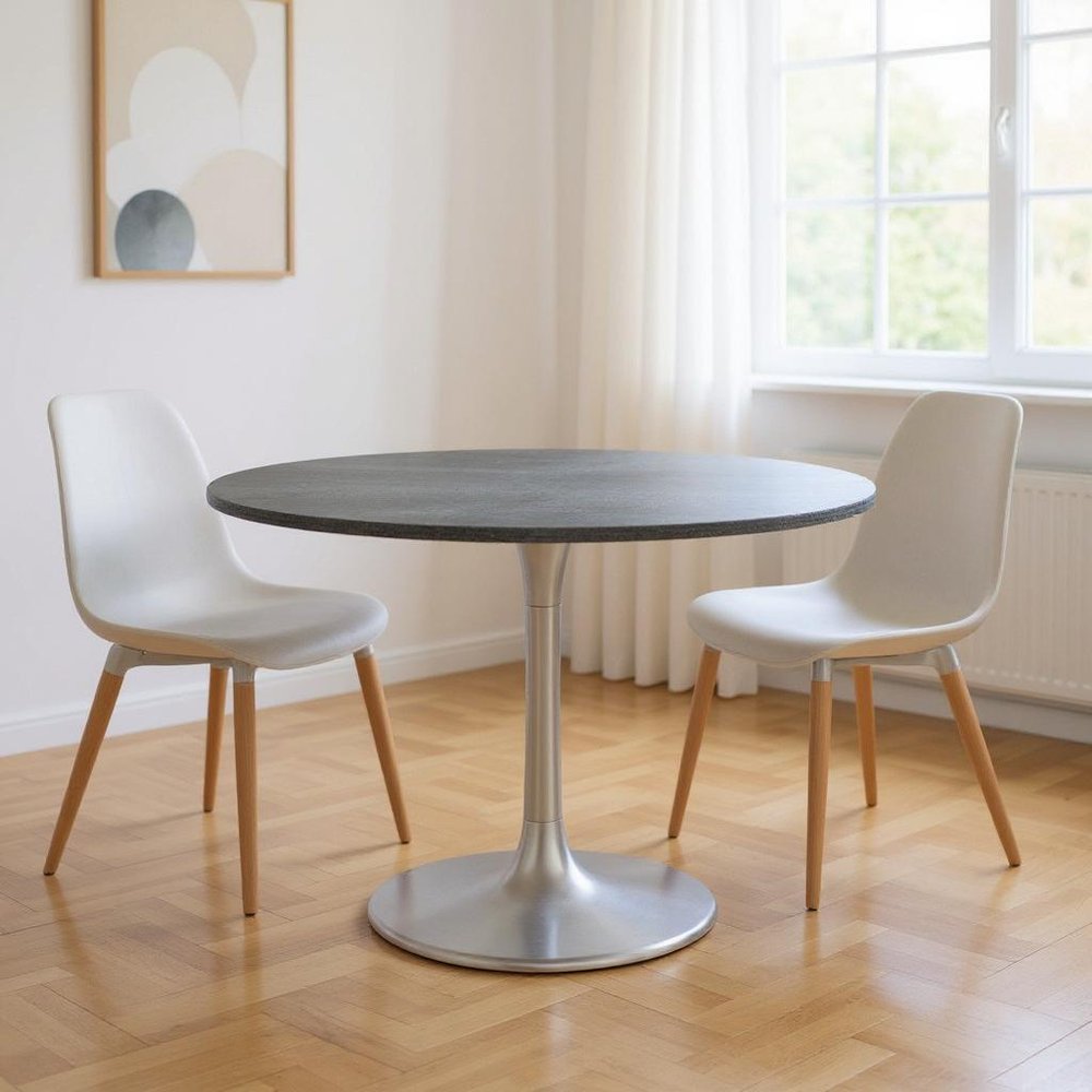 Gray and Silver Marble and Aluminum Pedestal Base Round Top Dining Table