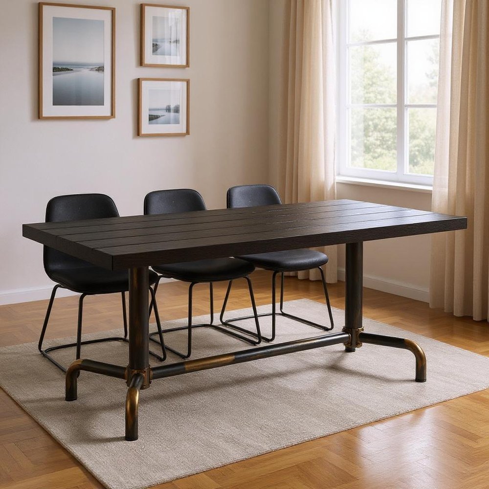 Black and Gold Wood and Steel Trestle Base Dining Table - 71-inch