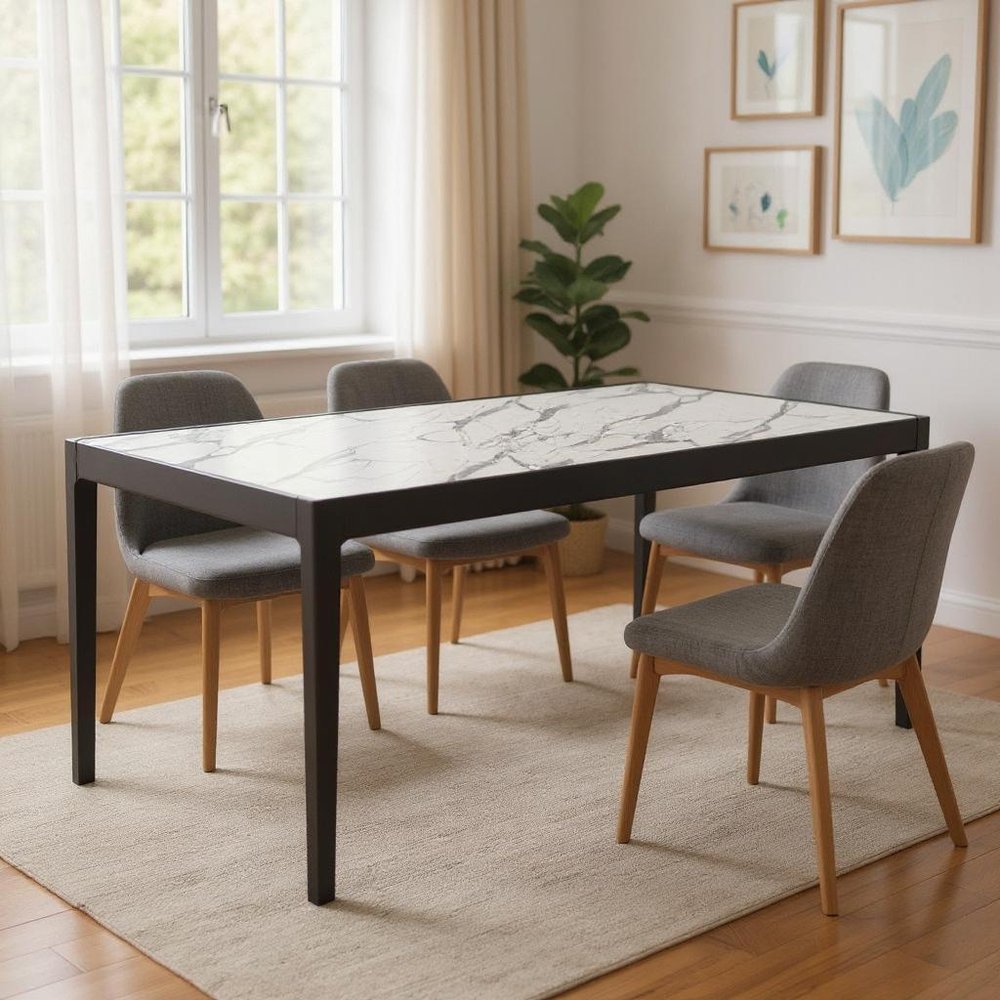 White and Black Faux Marble and Solid Wood Dining Table - 65-inch