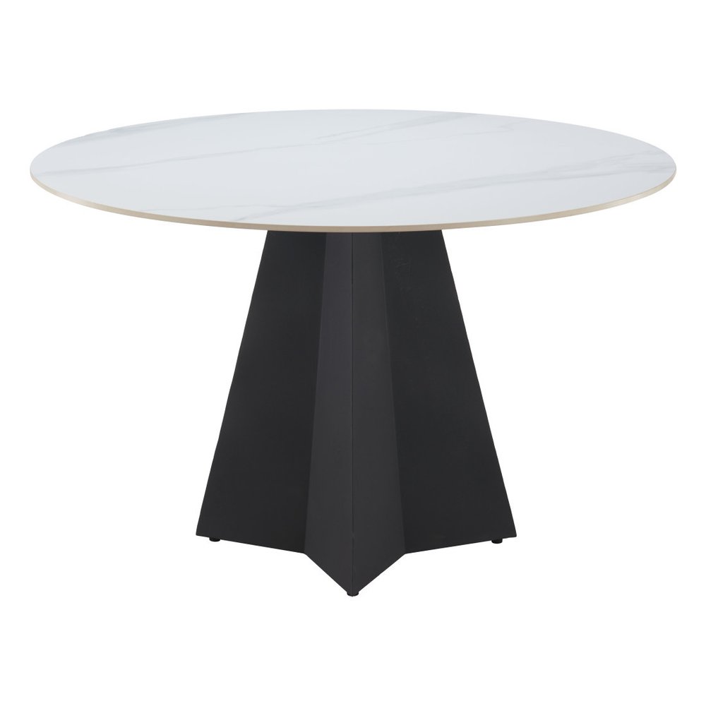 White and Black Sintered Stone and Steel Pedestal Base Round Dining Table