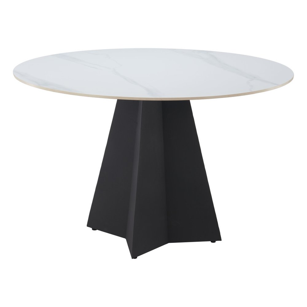 White and Black Sintered Stone and Steel Pedestal Base Round Dining Table