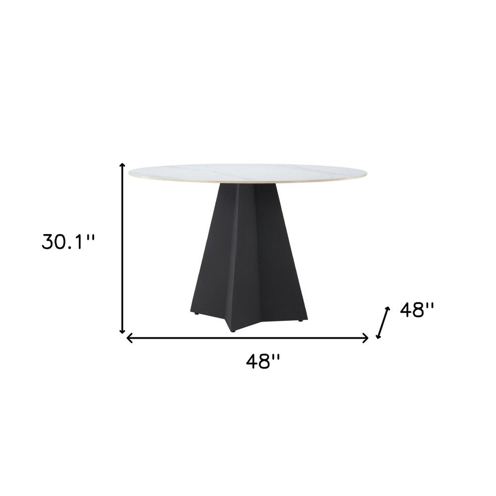 White and Black Sintered Stone and Steel Pedestal Base Round Dining Table