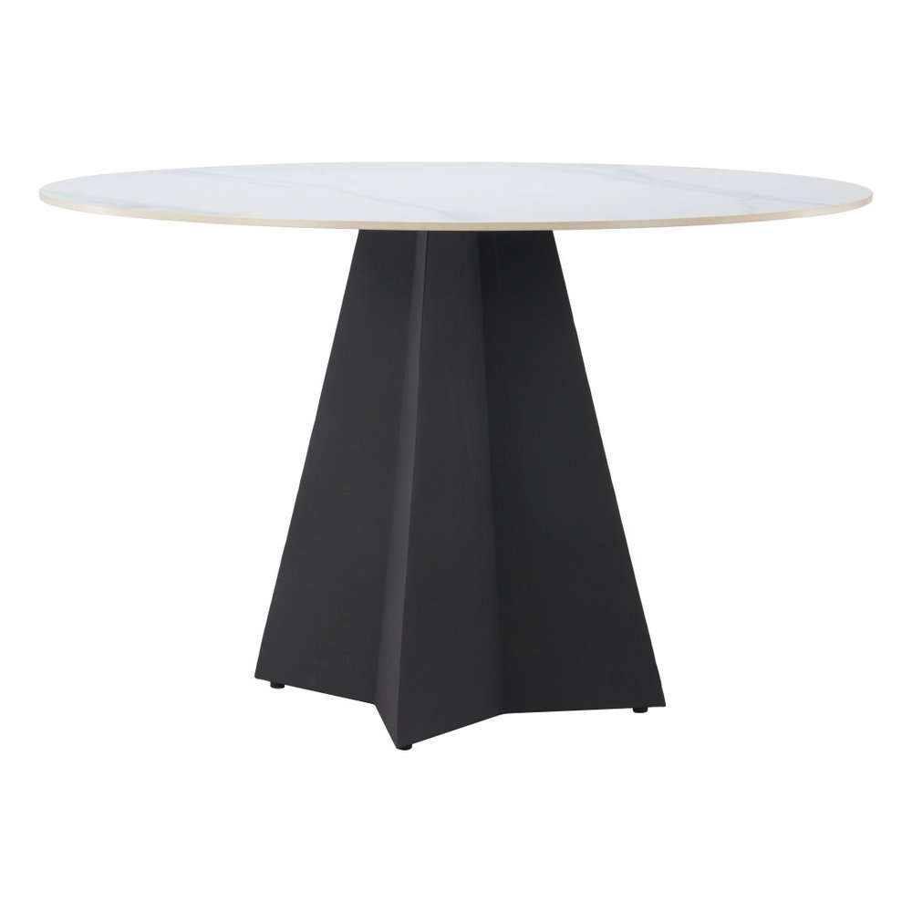 White and Black Sintered Stone and Steel Pedestal Base Round Dining Table