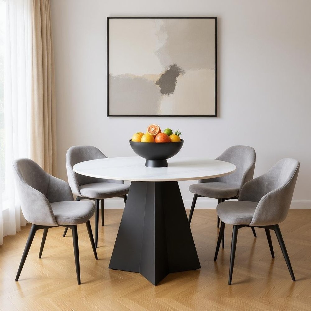 White and Black Sintered Stone and Steel Pedestal Base Round Dining Table