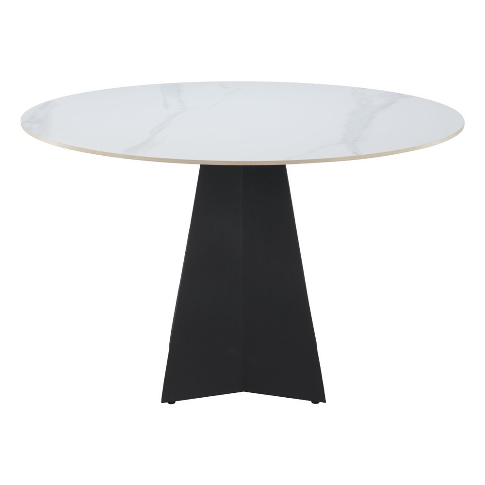 White and Black Sintered Stone and Steel Pedestal Base Round Dining Table
