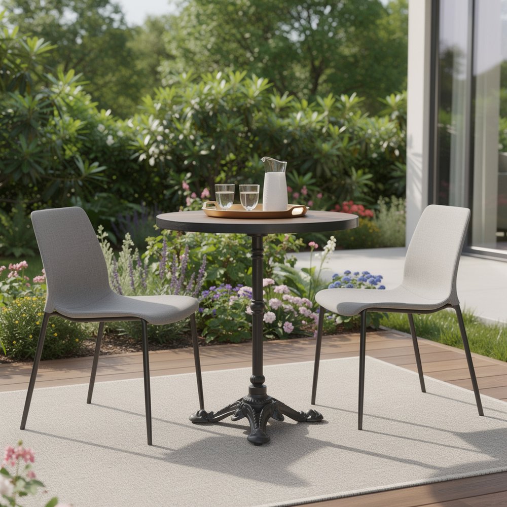 Walnut and Black Wood and Aluminum Indoor Outdoor Pedestal Base Round Top Dining Table