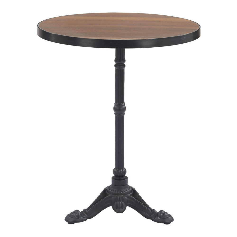 Walnut and Black Wood and Aluminum Indoor Outdoor Pedestal Base Round Top Dining Table