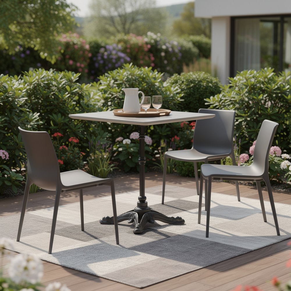 Gray and Black Wood and Aluminum Indoor Outdoor Pedestal Base Round Top Dining Table