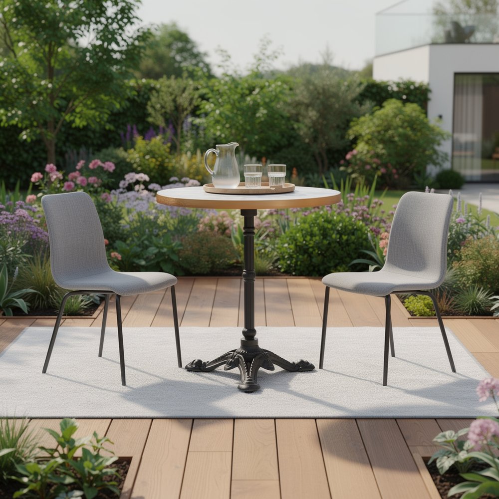 White and Black Wood and Aluminum Indoor Outdoor Pedestal Base Round Top Dining Table