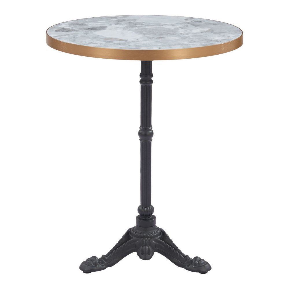 White and Black Wood and Aluminum Indoor Outdoor Pedestal Base Round Top Dining Table