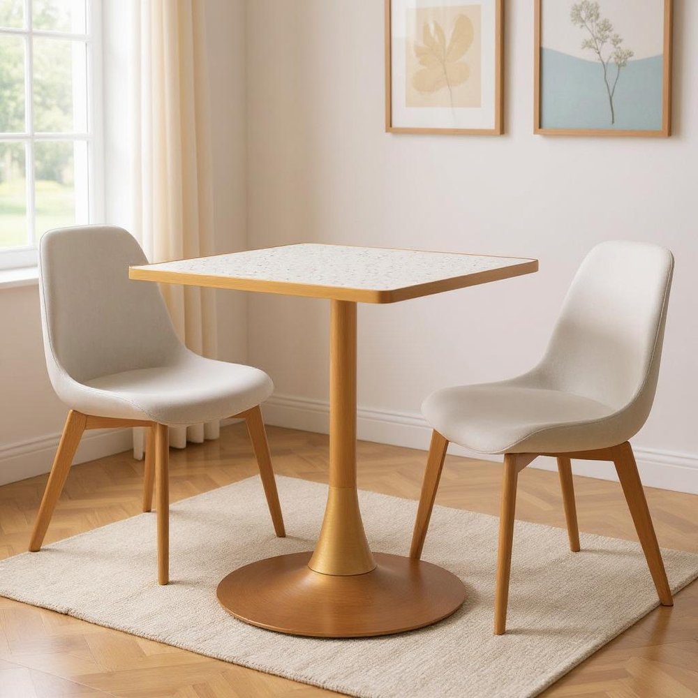 Beige and Gold Wood and Steel Pedestal Base Square Dining Table - 24-inch